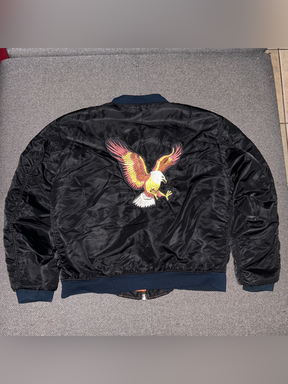 Rare Vintage MA-1 USAF Black Full Zip Bald Eagle Patches  Bomber jacket Large